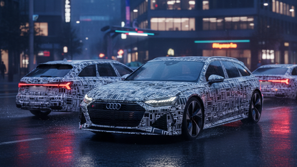 Editorial, photo-realistic HERO for an automotive daily news article titled "Audi RS6 E-Tron Development Continues Amid Cancellation Rumors – Daily Ca