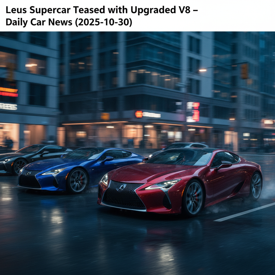 Editorial, photo-realistic HERO for an automotive daily news article titled "Lexus Supercar Teased with Upgraded V8 – Daily Car News (2025-10-30)". De