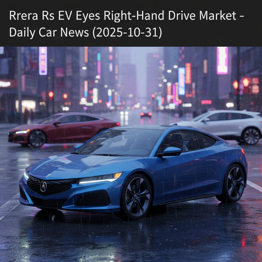 Editorial, photo-realistic HERO for an automotive daily news article titled "Acura RSX EV Eyes Right-Hand Drive Market – Daily Car News (2025-10-31)".