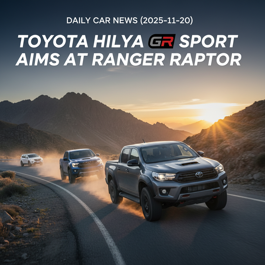 Editorial, photo-realistic HERO for an automotive daily news article titled "Toyota HiLux GR Sport Aims at Ranger Raptor – Daily Car News (2025-11-20)