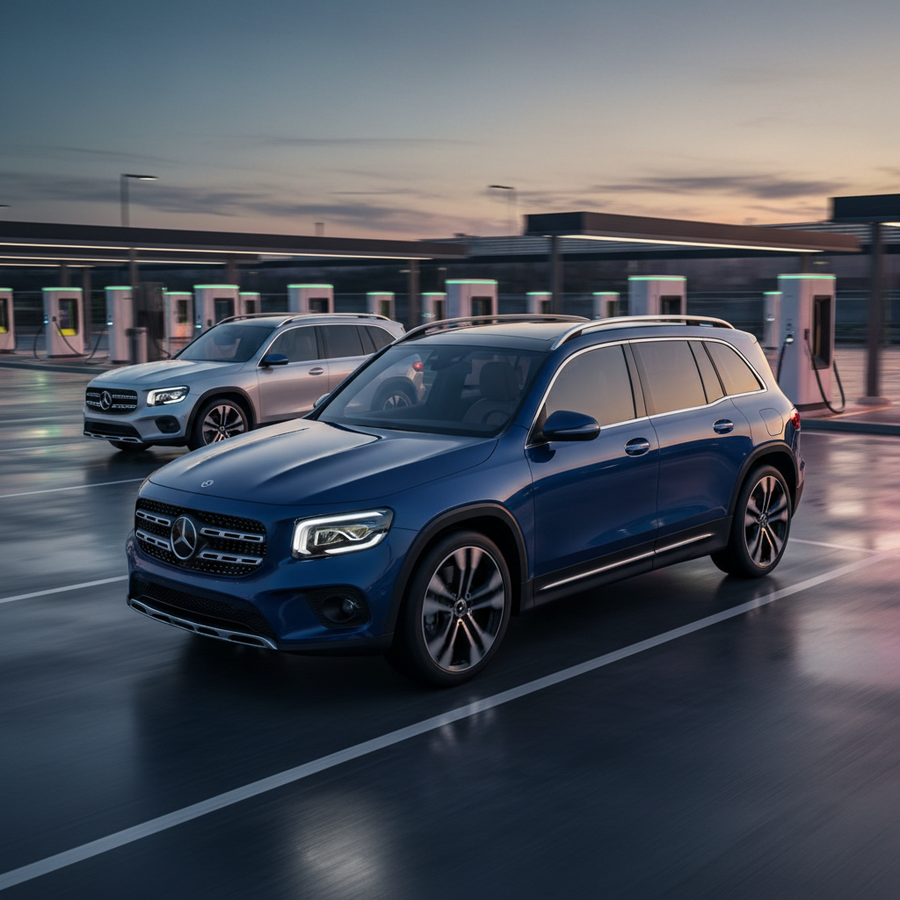 Editorial, photo-realistic HERO for an automotive daily news article titled "Mercedes GLB Unveils New Design Ahead of Launch – Daily Car News (2025-11