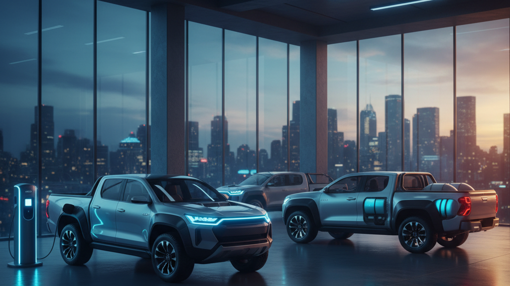 Editorial, photo-realistic HERO for an automotive daily news article titled "Toyota HiLux EV and FCEV Development Underway – Daily Car News (2025-11-2