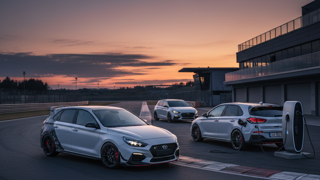 Editorial, photo-realistic HERO for an automotive daily news article titled "Hyundai i30 N May Go Hybrid – Daily Car News (2025-12-09)". Depict ONLY b