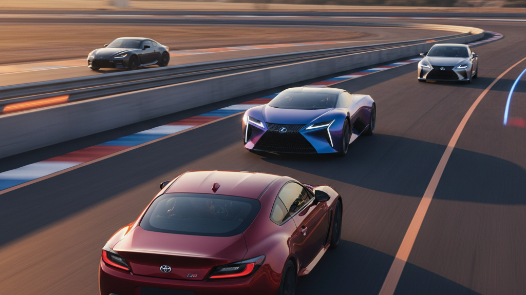 Editorial, photo-realistic HERO for an automotive daily news article titled "Toyota GR GT and Lexus Electric Halo Set to Ignite Performance – Daily Ca