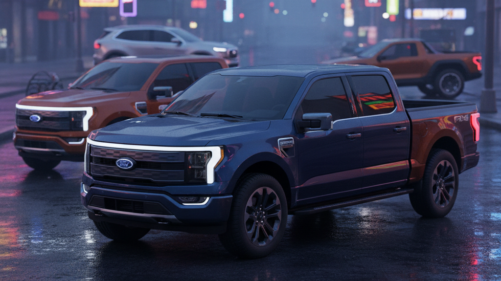 Editorial, photo-realistic HERO for an automotive daily news article titled "Ford F-150 Lightning Replacement Shifts to Petrol-Hybrid Mix – Daily Car