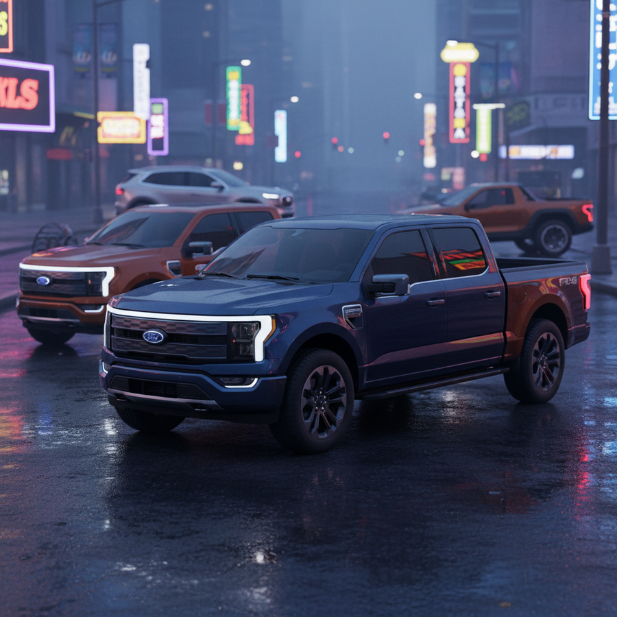 Editorial, photo-realistic HERO for an automotive daily news article titled "Ford F-150 Lightning Replacement Shifts to Petrol-Hybrid Mix – Daily Car