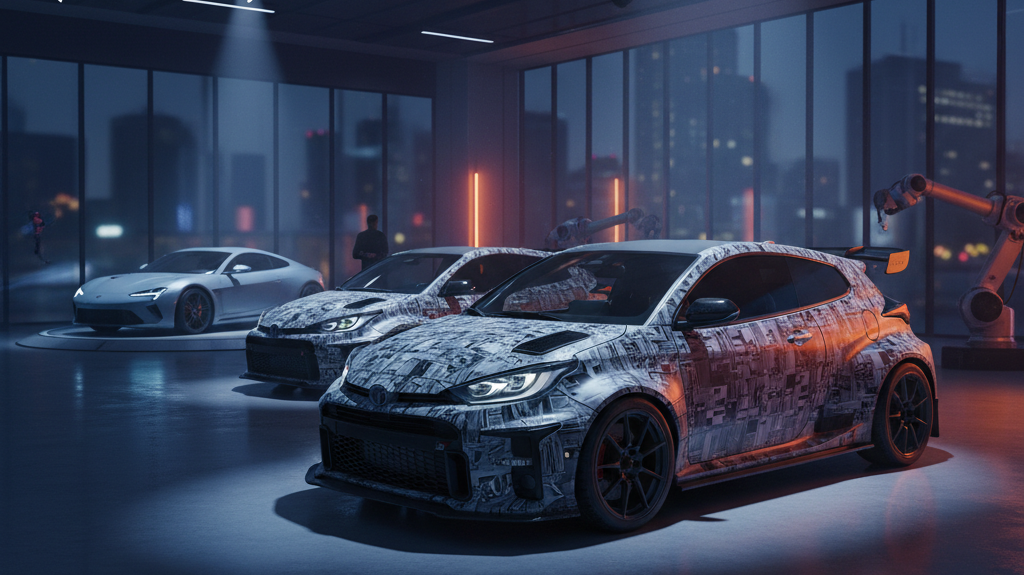 Editorial, photo-realistic HERO for an automotive daily news article titled "Toyota GR Yaris Morizo RR Takes Center Stage at Tokyo Auto Salon – Daily