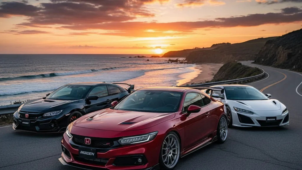 Editorial photo-realistic HERO image for automotive news (2026-01-20). Feature Honda and Mugen vehicles specifically 2026 Honda Prelude. Scene: The ne