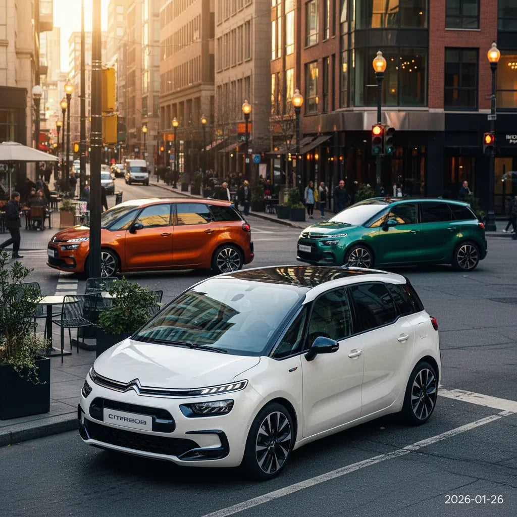 Editorial photo-realistic HERO image for automotive news (2026-01-26). Feature Citroen vehicles specifically Picasso. Scene: A vibrant city street fea