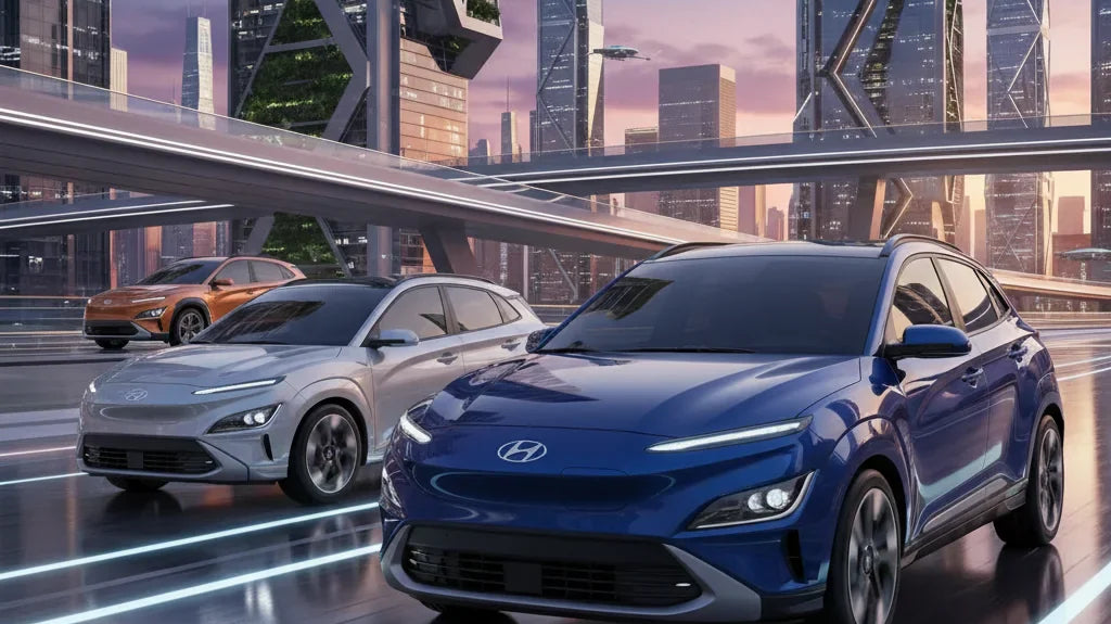 Editorial photo-realistic HERO image for automotive news (2026-01-29). Feature Hyundai vehicles specifically Kona. Scene: A futuristic cityscape showc