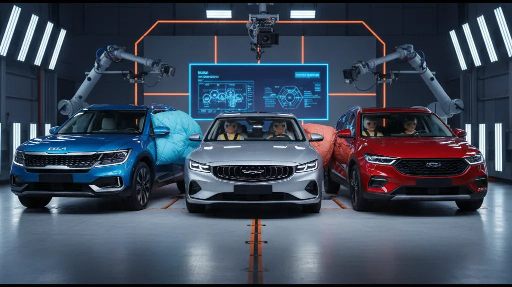 Editorial photo-realistic HERO image for automotive news (2026-02-06). Feature Geely and Kia and Leapmotor and Zeekr vehicles specifically specific mo