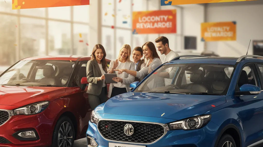 Editorial photo-realistic HERO image for automotive news (2026-02-16). Feature MG vehicles specifically MG 3, MG ZS. Scene: A vibrant dealership showc