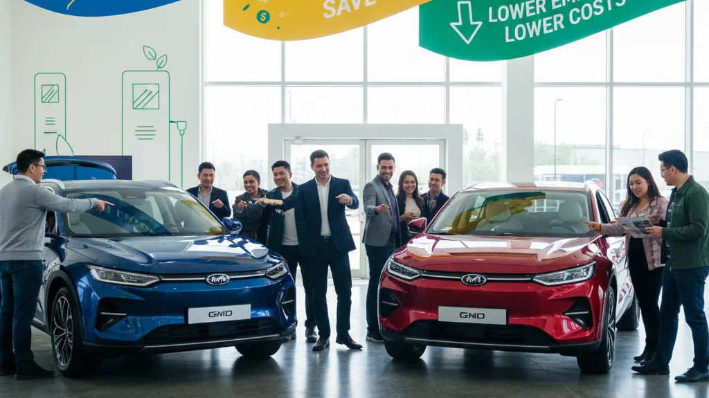 Editorial photo-realistic HERO image for automotive news (2026-02-19). Feature GWM vehicles specifically PHEV. Scene: A bright showroom filled with ex