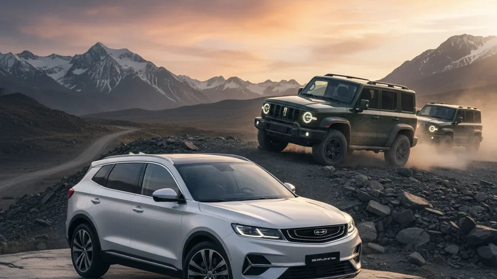 Editorial photo-realistic HERO image for automotive news (2026-02-25). Feature GWM and Geely vehicles specifically Tank 300, EX5 Extended Range. Scene