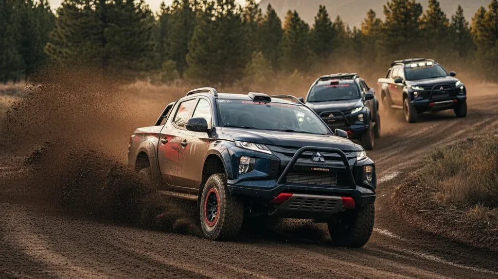 Editorial photo-realistic HERO image for automotive news (2026-03-21). Feature Mitsubishi vehicles specifically Mitsubishi Triton Raider. Scene: A rug