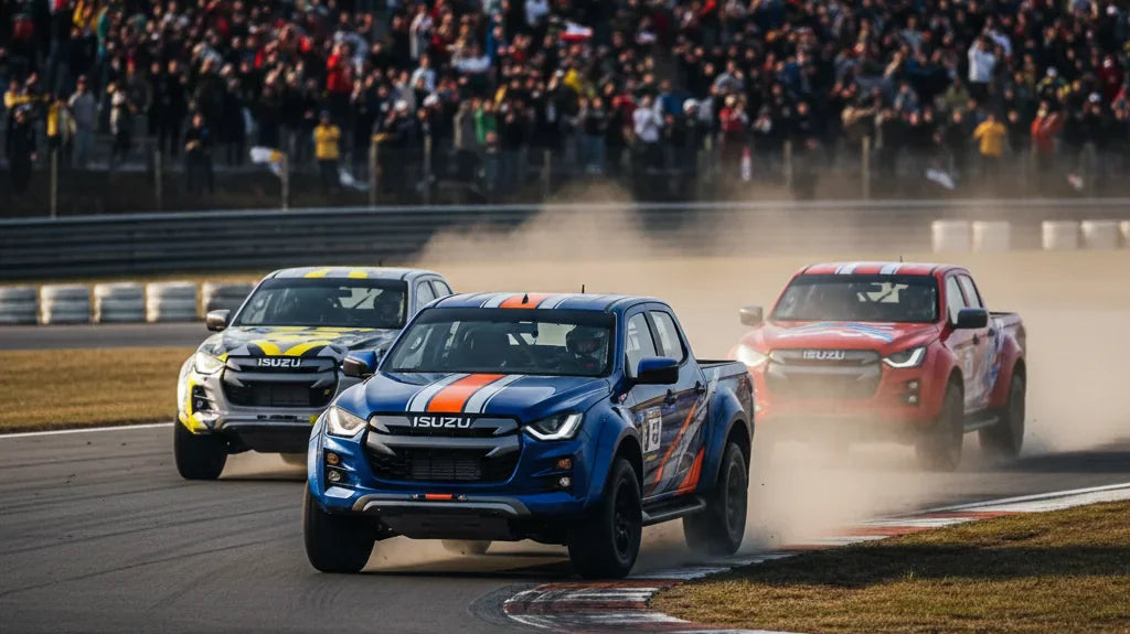 Editorial photo-realistic HERO image for automotive news (2026-03-30). Feature Isuzu vehicles specifically D-Max Racer. Scene: An Isuzu D-Max Racer sp