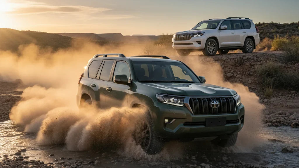 Editorial photo-realistic HERO image for automotive news (2026-04-09). Feature Toyota vehicles specifically LandCruiser Hybrid, Prado Hybrid. Scene: A