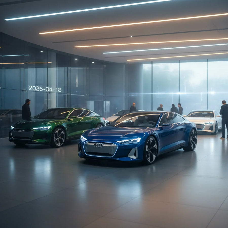Editorial photo-realistic HERO image for automotive news (2026-04-18). Feature Audi vehicles specifically New Audi Models. Scene: A sleek, futuristic