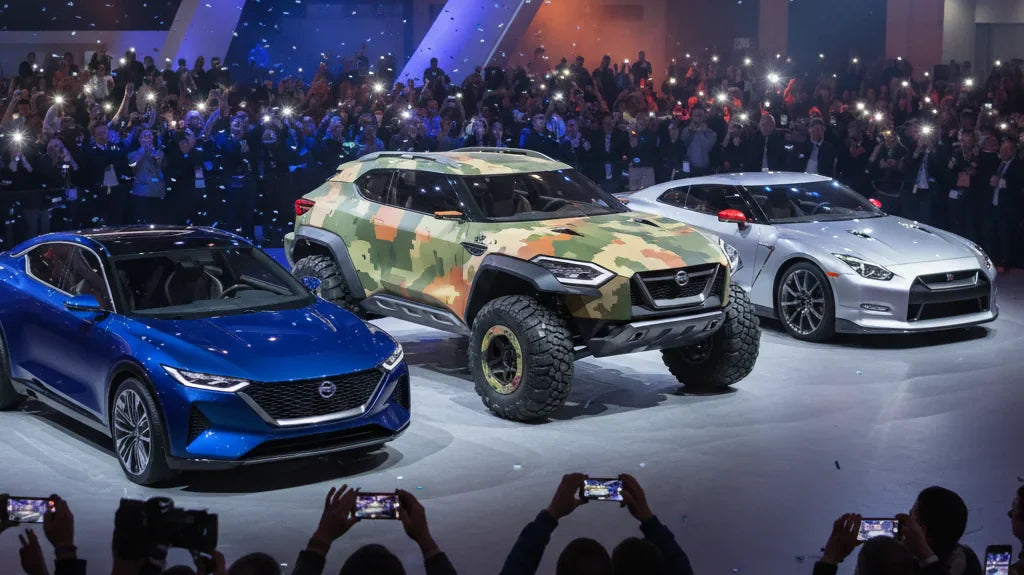 Editorial photo-realistic HERO image for automotive news (2026-04-20). Feature Nissan vehicles specifically Nissan GT-R, Nissan rugged off-roader conc