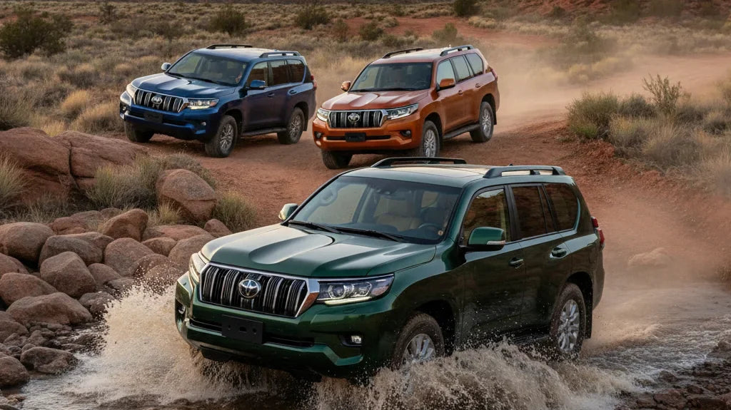 Editorial photo-realistic HERO image for automotive news (2026-05-05). Feature Toyota vehicles specifically LandCruiser Hybrid. Scene: A powerful Toyo