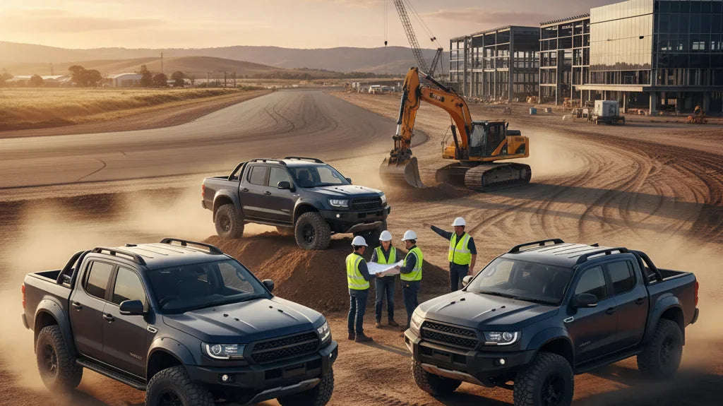 Editorial photo-realistic HERO image for automotive news (2026-05-07). Feature GWM vehicles specifically Engineering Hub. Scene: A bustling constructi