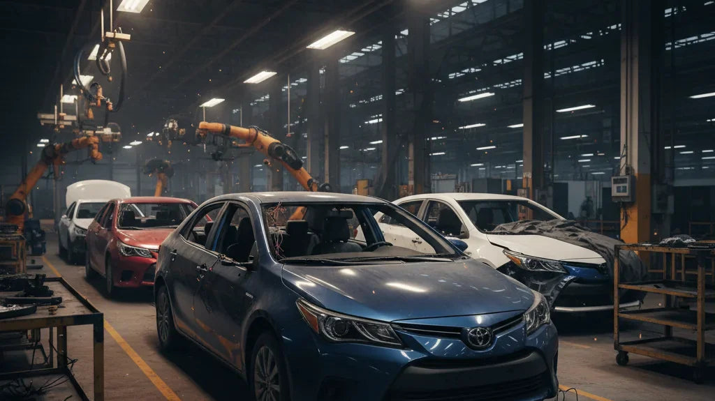 Editorial photo-realistic HERO image for automotive news (2026-05-27). Feature Toyota vehicles specifically Corolla, Camry. Scene: A deserted Toyota f