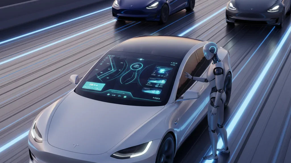 Editorial photo-realistic HERO image for automotive news (2026-05-30). Feature Tesla vehicles specifically Tesla AI Bot. Scene: A futuristic highway w