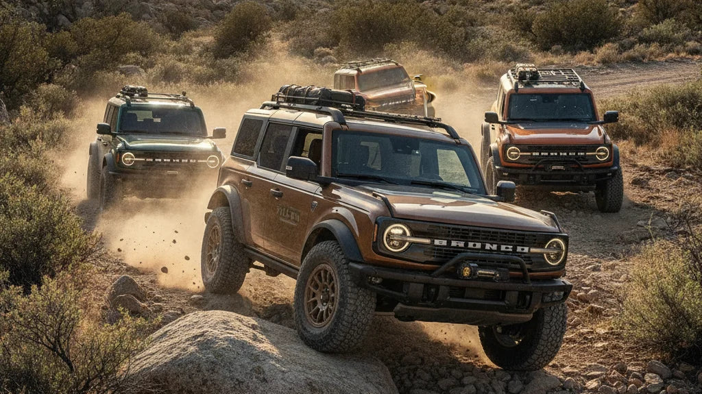 Editorial photo-realistic HERO image for automotive news (2026-06-09). Feature Ford vehicles specifically Bronco Filson. Scene: The rugged Ford Bronco