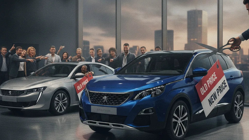 Editorial photo-realistic HERO image for automotive news (2026-07-31). Feature Peugeot vehicles specifically Peugeot 3008, Peugeot 508. Scene: A drama