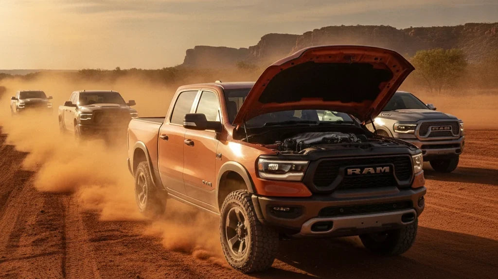 Editorial photo-realistic HERO image for automotive news (2026-08-12). Feature Ram vehicles specifically specific V8 model. Scene: A Ram truck showcas