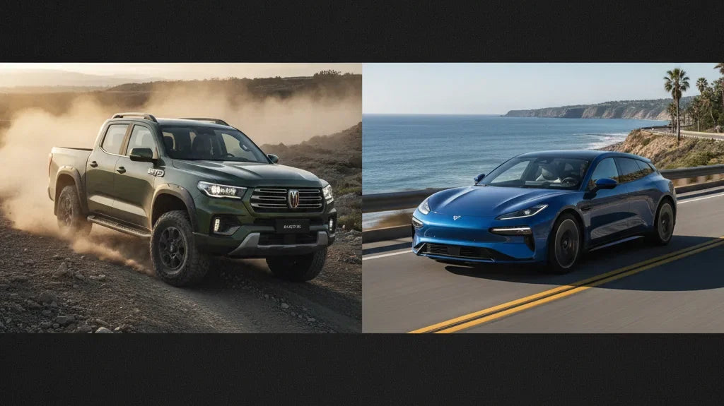 Editorial photo-realistic HERO image for automotive news (2026-08-17). Feature GWM and Zeekr vehicles specifically Cannon Alpha, 7GT. Scene: The GWM C