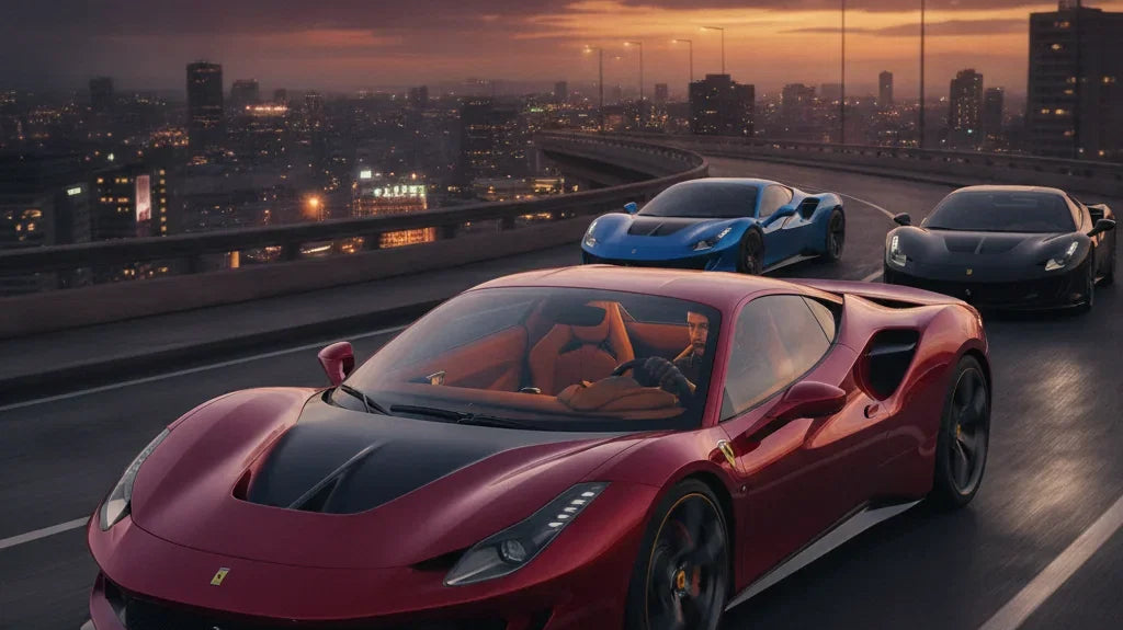 Editorial photo-realistic HERO image for automotive news (2026-08-18). Feature Ferrari vehicles specifically Ferrari Manual Supercar. Scene: A vibrant