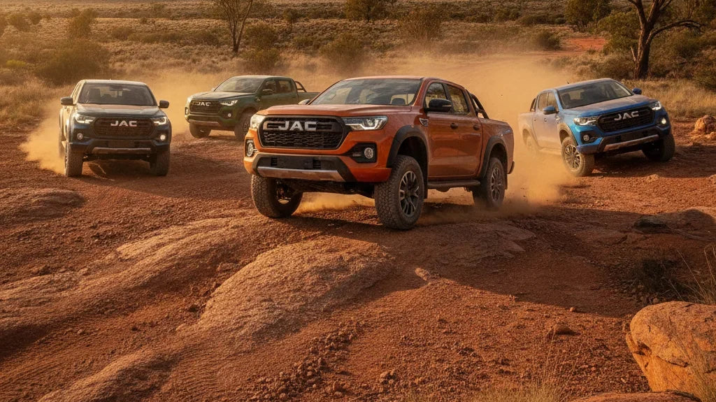 Editorial photo-realistic HERO image for automotive news (2026-08-28). Feature JAC vehicles specifically Hunter PHEV. Scene: The JAC Hunter PHEV is sh