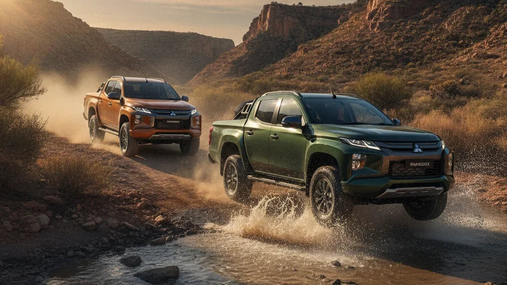 Editorial photo-realistic HERO image for automotive news (2026-09-02). Feature Mitsubishi vehicles specifically Pajero. Scene: The new Mitsubishi Paje