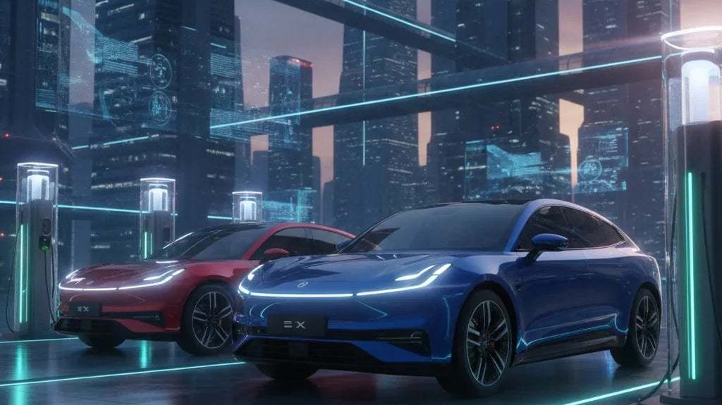 Editorial photo-realistic HERO image for automotive news (2026-09-04). Feature Zeekr vehicles specifically 7X. Scene: A Zeekr 7X parked in a futuristi