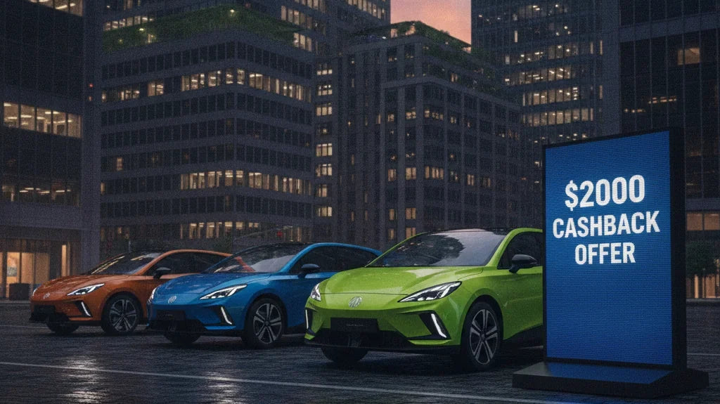 Editorial photo-realistic HERO image for automotive news (2026-09-14). Feature MG vehicles specifically MG 4 Urban. Scene: A vibrant cityscape featuri
