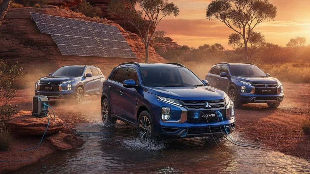 Editorial photo-realistic HERO image for automotive news (2026-09-24). Feature Mitsubishi vehicles specifically 2027 ASX VR-e. Scene: The Mitsubishi A