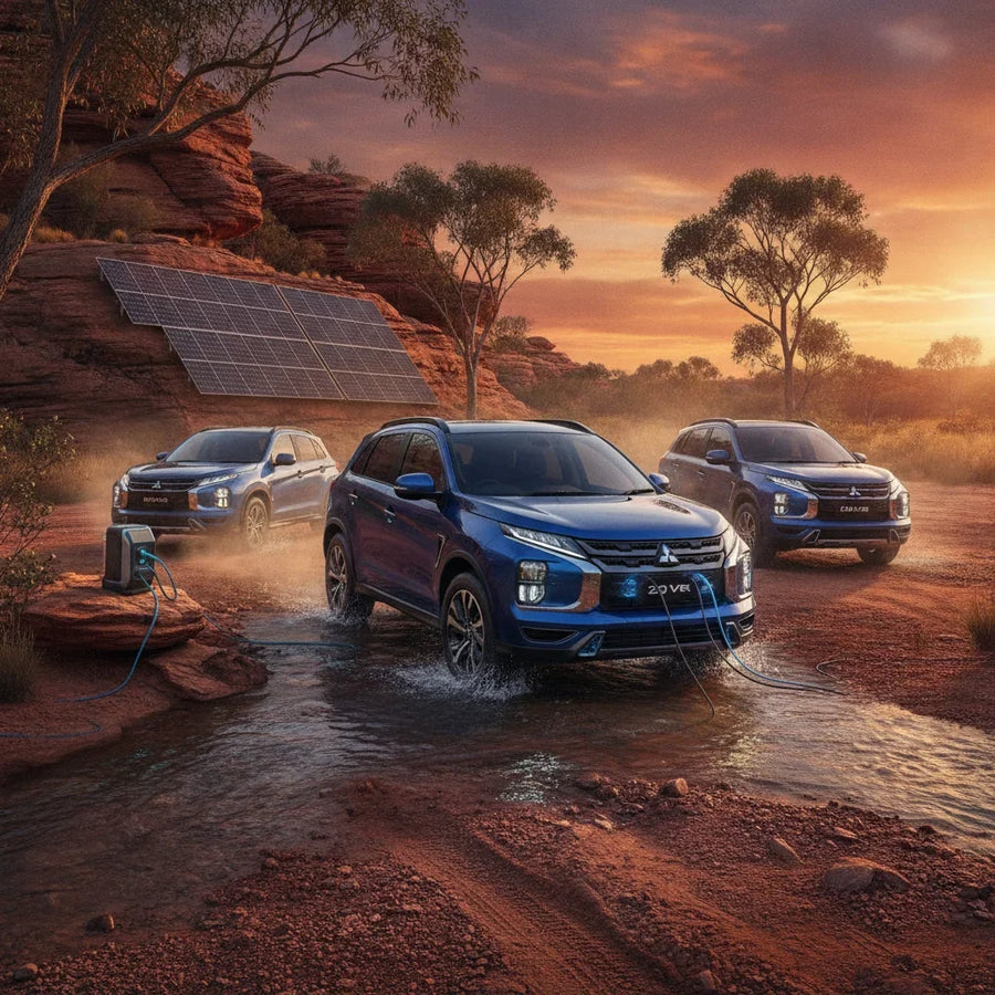 Editorial photo-realistic HERO image for automotive news (2026-09-24). Feature Mitsubishi vehicles specifically 2027 ASX VR-e. Scene: The Mitsubishi A
