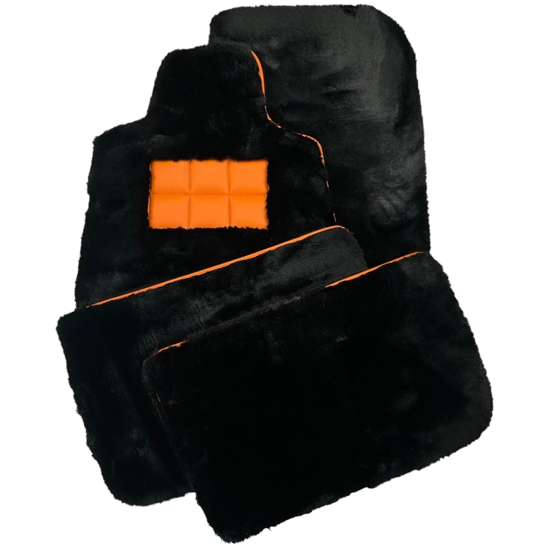 Black Sheepskin Floor Mats for Rolls-Royce Shadow (1965-1977) Orange Leather Trim - AutoWin