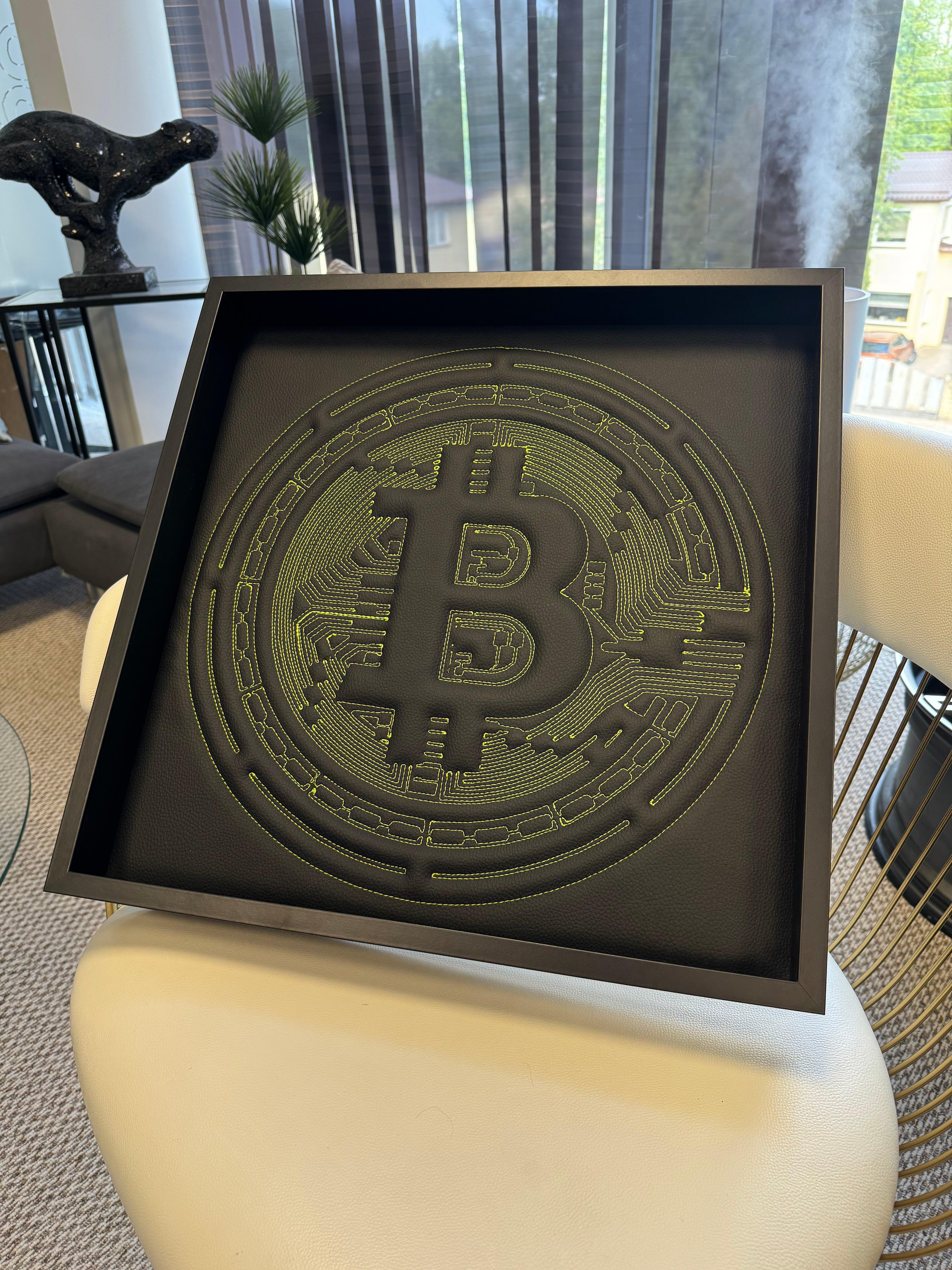 Black Leather Bitcoin Inspired Wall Art: Embroidered Green Stitch Luxury Decor - AutoWin