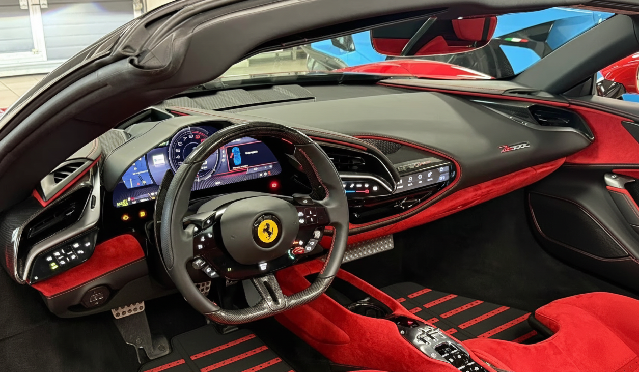 Black Floor Mats for Ferrari SF90 Stradale (2019-2024) with Leather and Red Trim - AutoWin