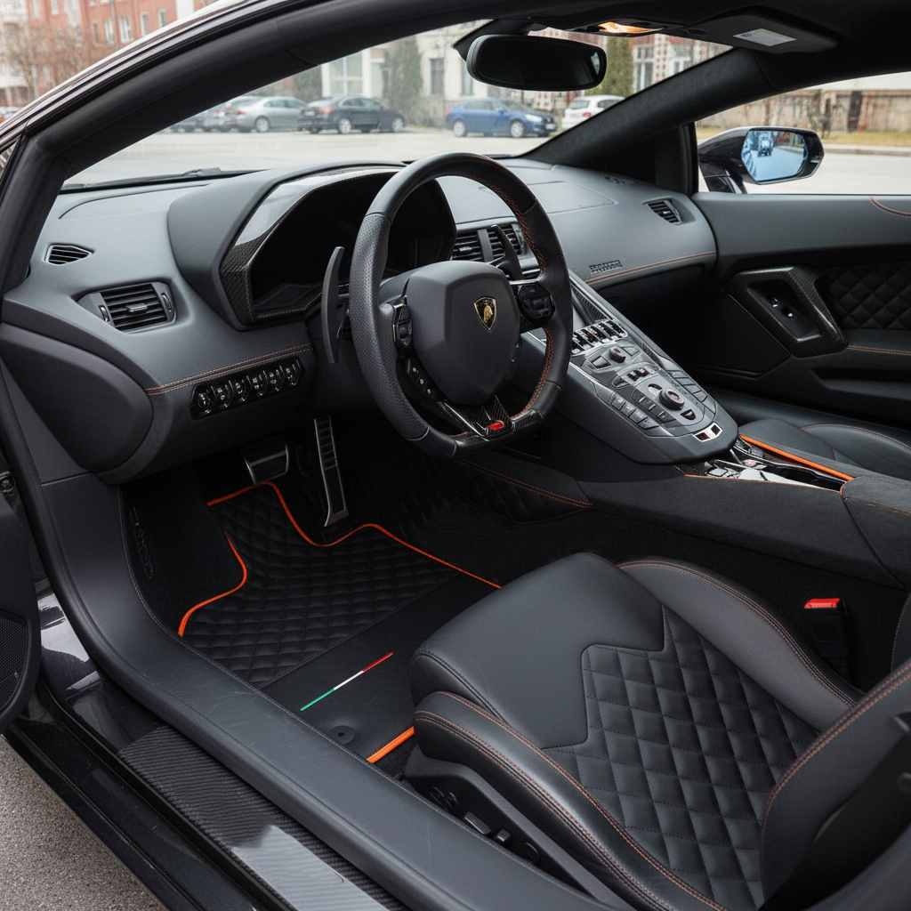 Personalizowane dywaniki samochodowe z Alcantary do Lamborghini Aventador | Czerwone szwy - AutoWin.EU