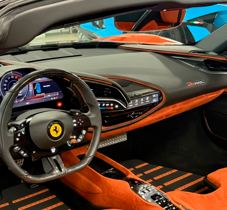 Black Floor Mats for Ferrari SF90 Stradale (2019-2024) with Leather and Red Trim - AutoWin