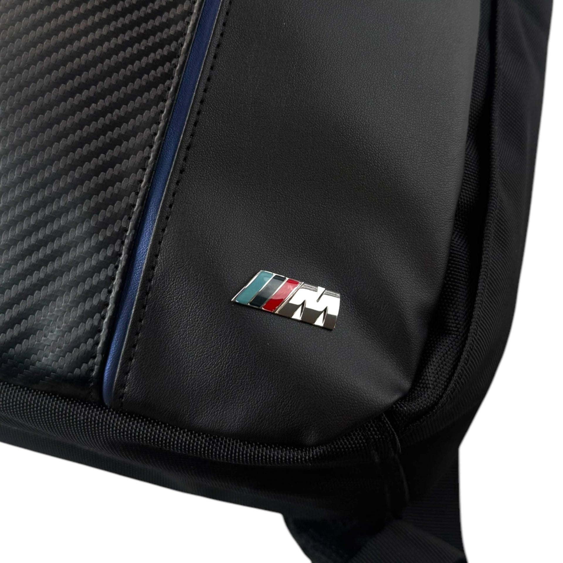 BMW 15.6" Laptop Black Backpack with Carbon Fiber Design | Blue Stripe