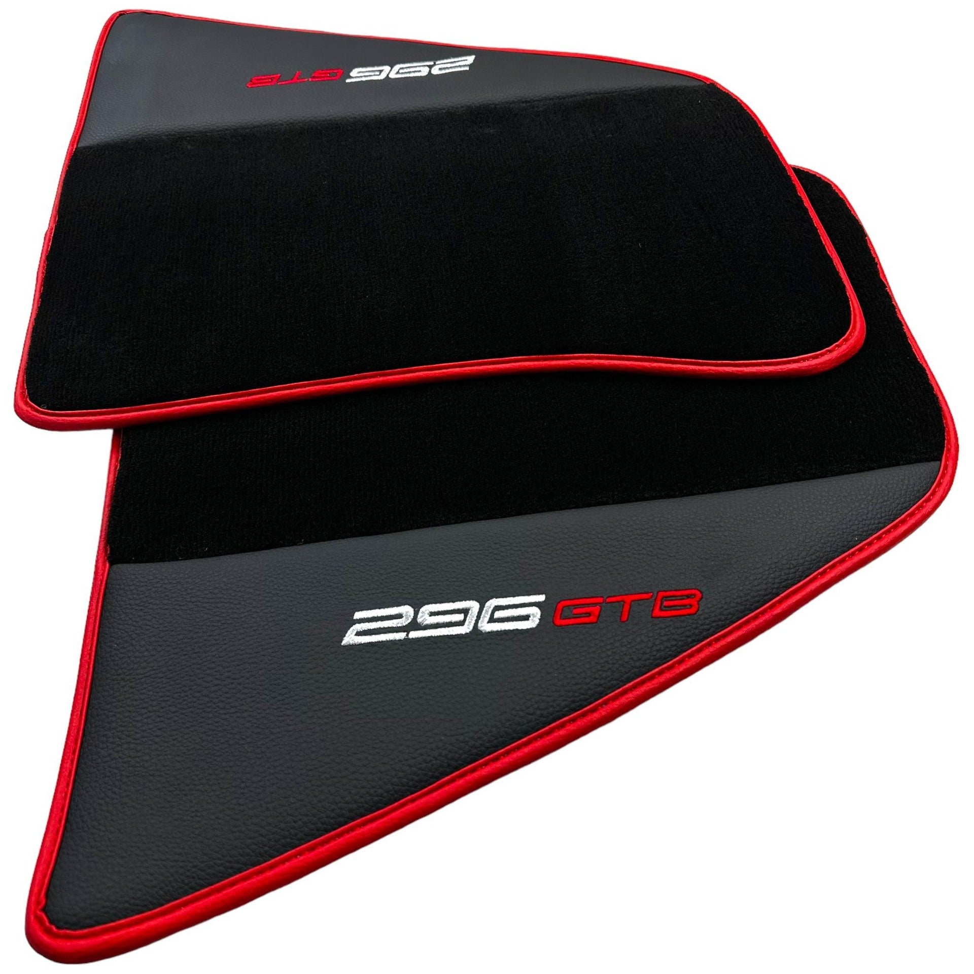 Black Floor Mats for Ferrari 296 GTB (2022-2024) with Leather and Red Trim - AutoWin