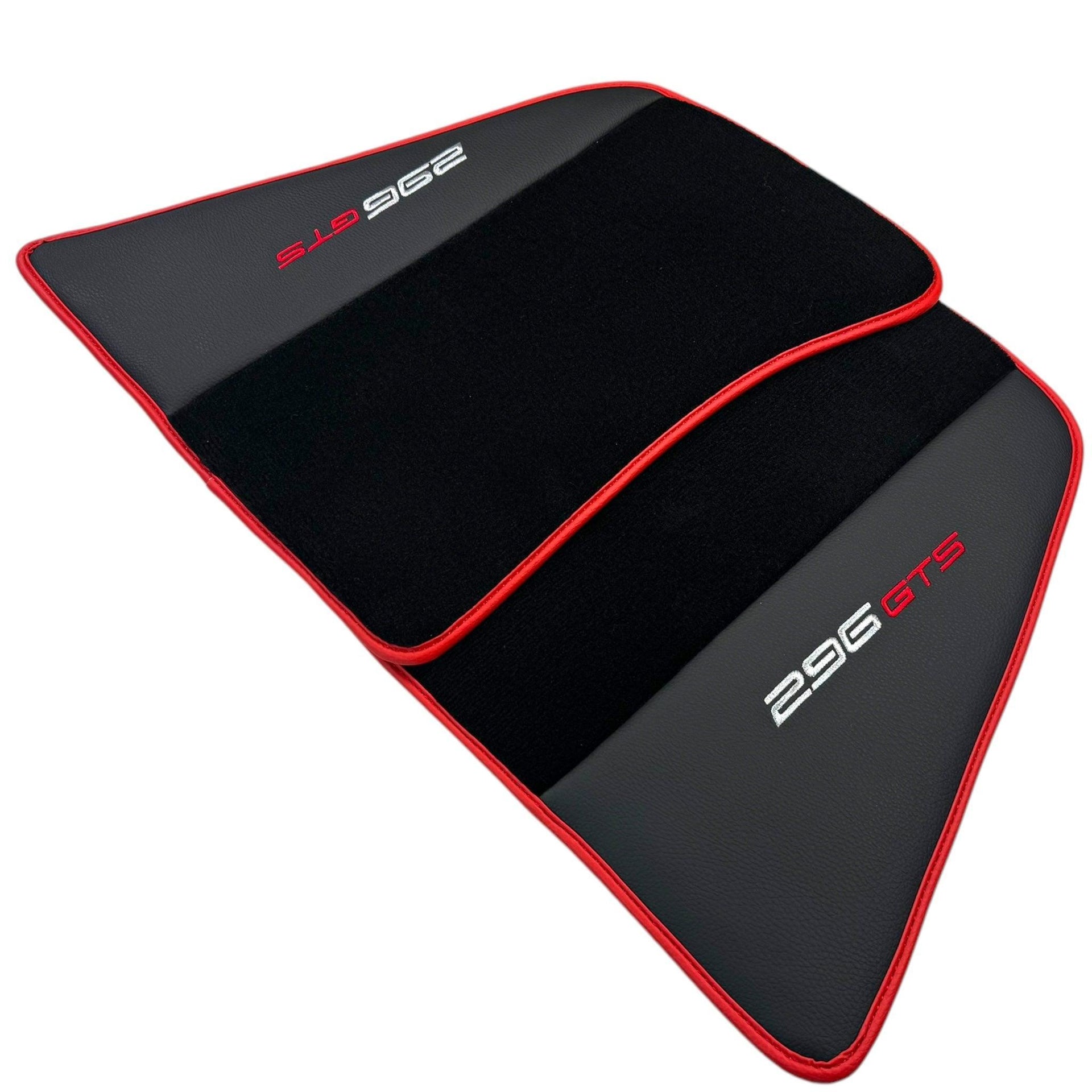 Black Floor Mats for Ferrari 296 GTS (2022-2024) with Leather and Red Trim - AutoWin