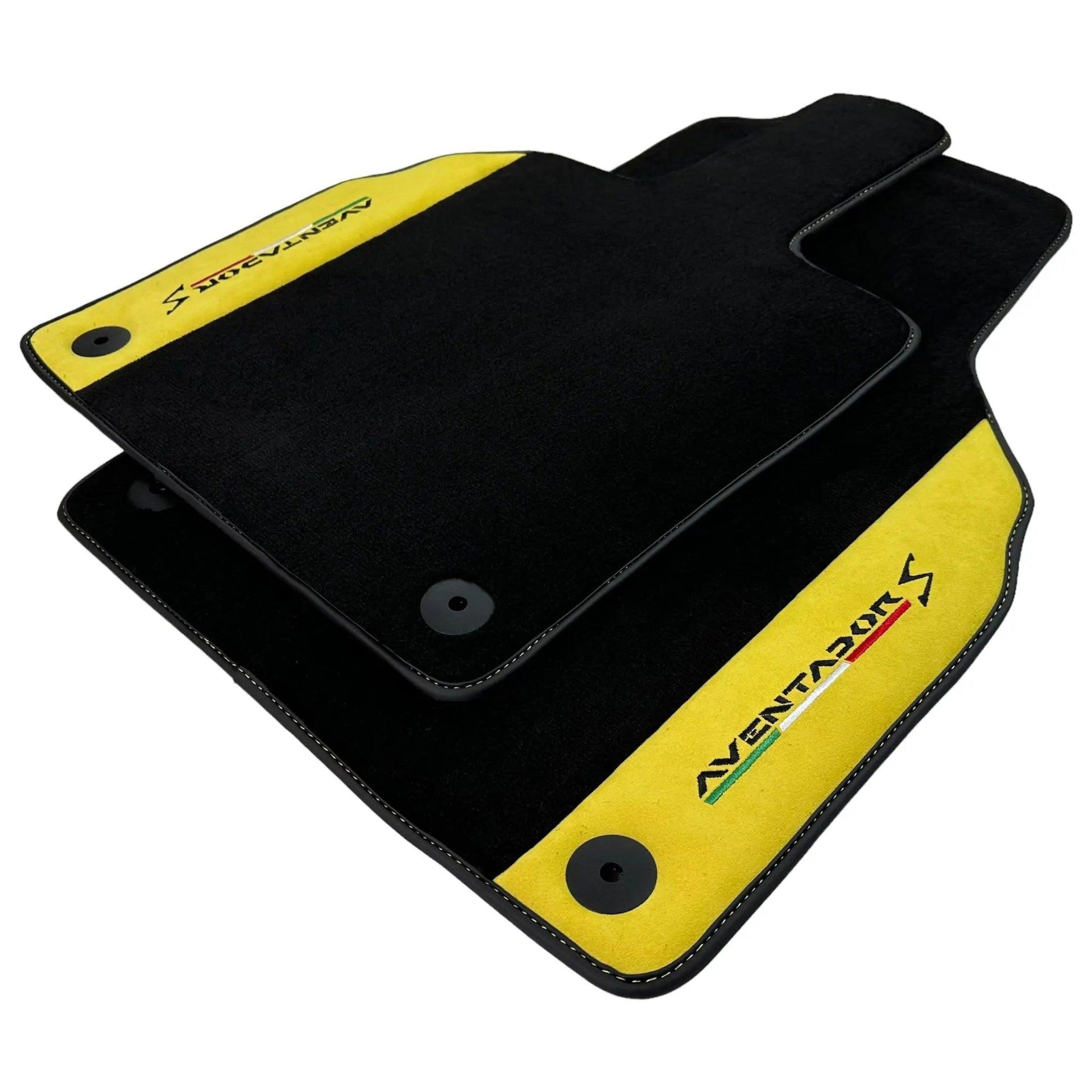 Black Floor Mats for Lamborghini Aventador S with Yellow Alcantara Leather - AutoWin