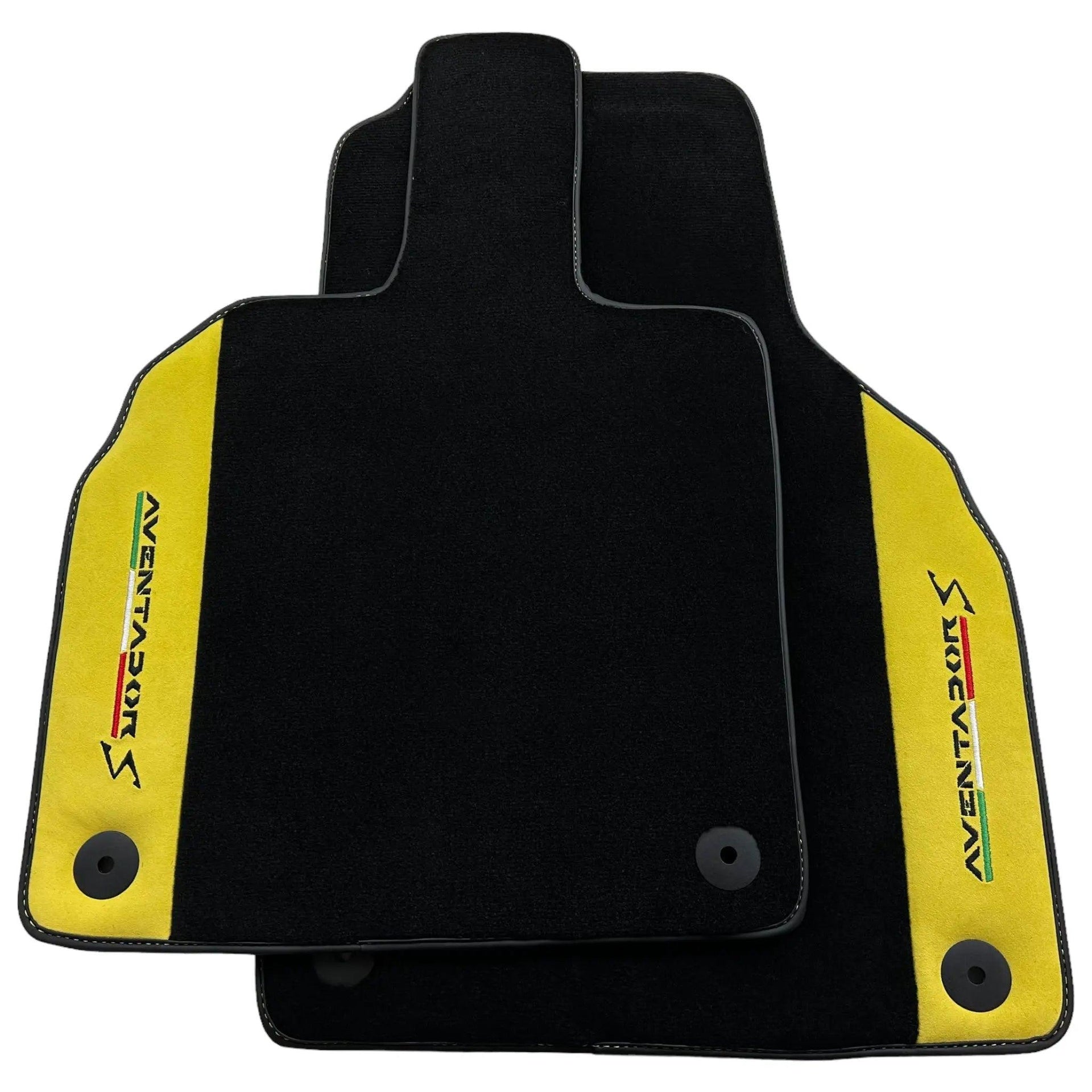 Black Floor Mats for Lamborghini Aventador S with Yellow Alcantara Leather - AutoWin
