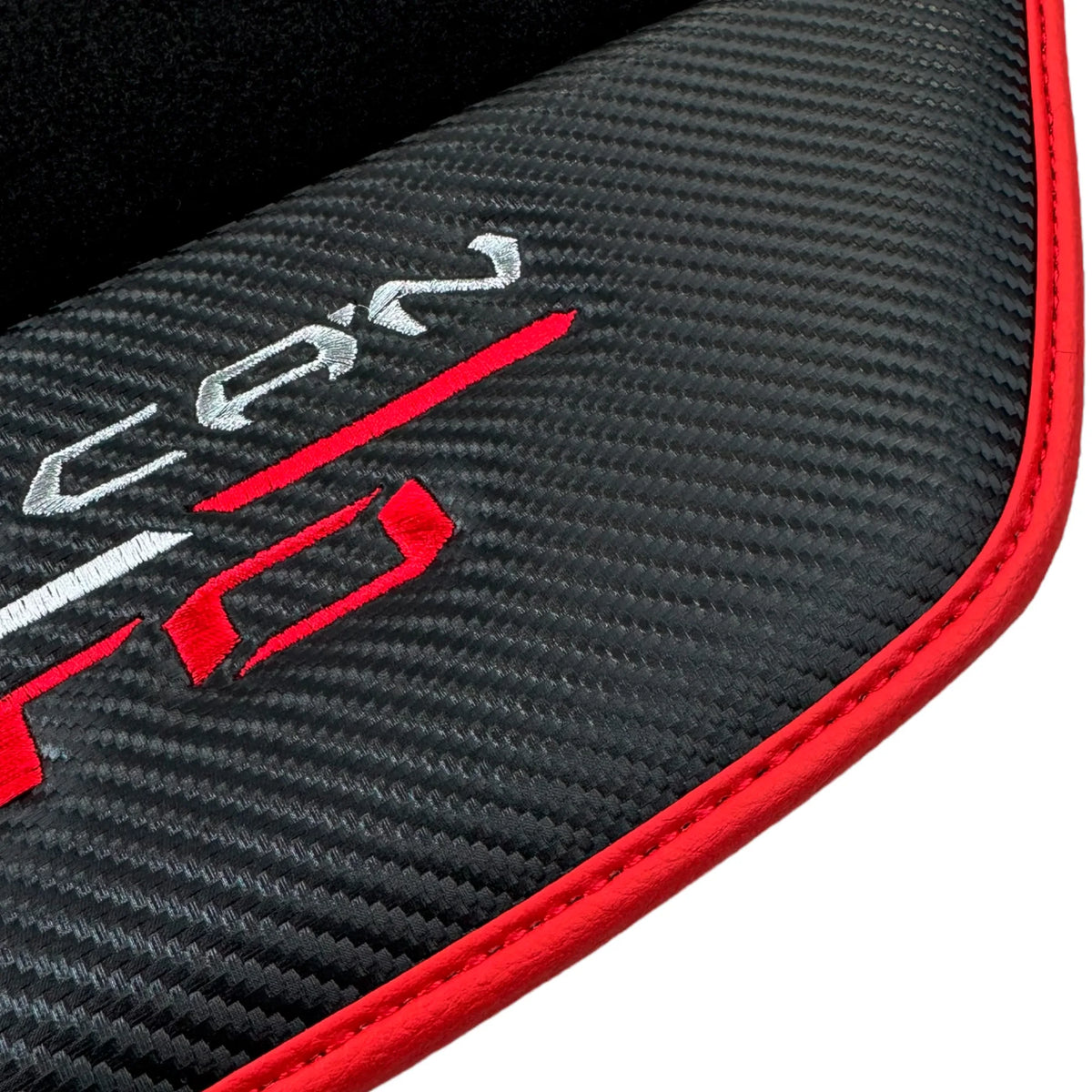 Black Floor Mats for Lamborghini Huracan STO with Carbon Fiber Leather | Red Trim