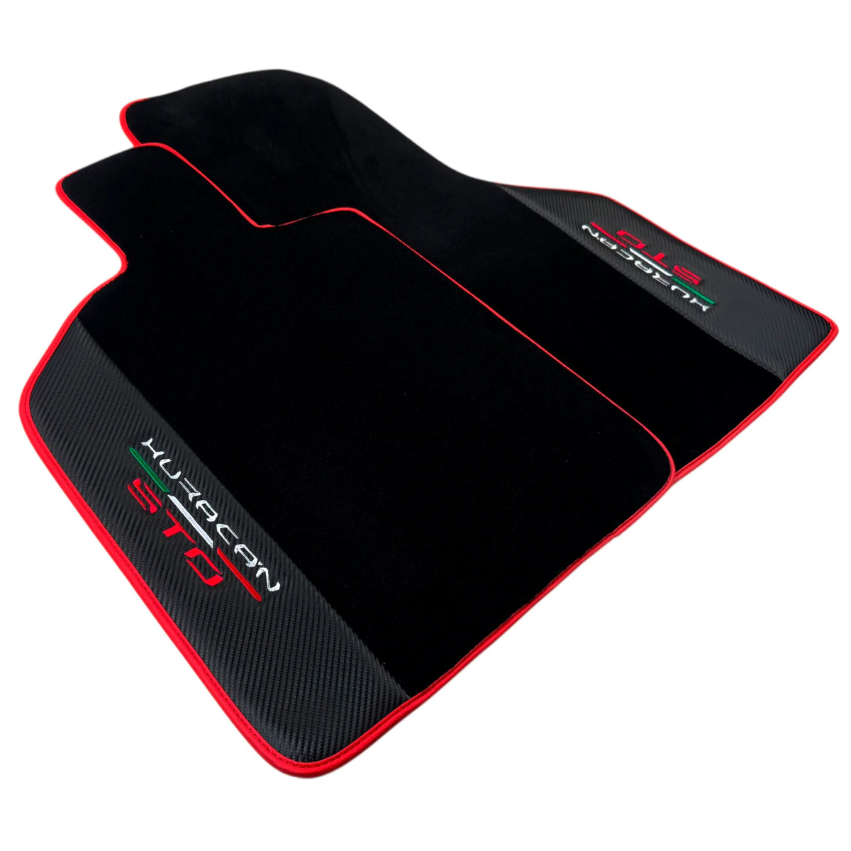 Black Floor Mats for Lamborghini Huracan STO with Carbon Fiber Leather | Red Trim